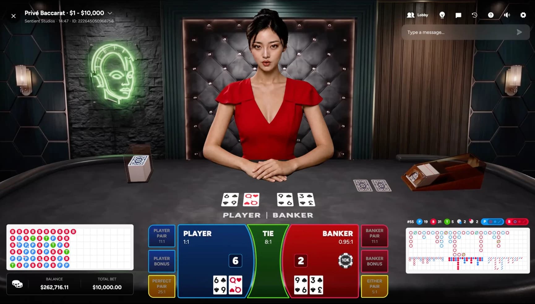 A Sentient Studios AI dealer running a Privé Baccarat table